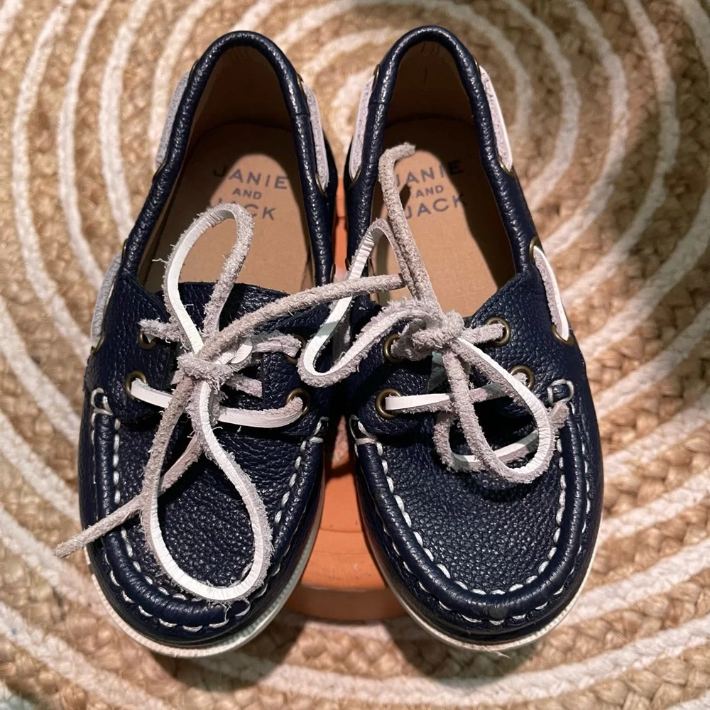 Janie and Jack Navy Blue Leather Boat Shoes with White Laces
